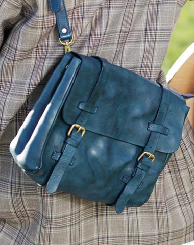 Fashion Women's Blue Leather Top Handle Satchel Handbag Brown Shoulder Bag Satchel Crossbody Purse