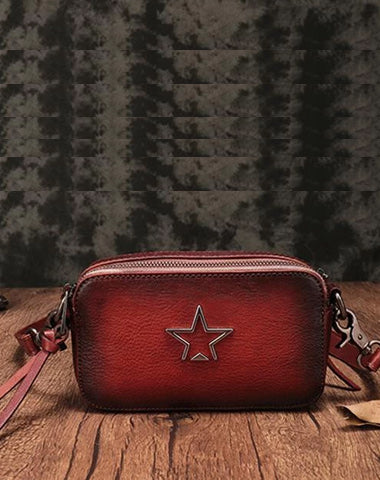Vintage Red Leather Womens Clutch Side Purse Small Cube Shoulder Bag Leather Purse Crossbody Bags