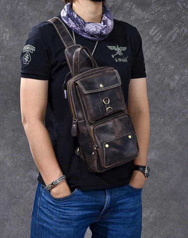 Cool Leather Mens 8" Brown Vintage Sling Bag Chest Bag One Shoulder Backpack for Men