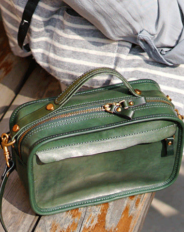 Vintage Womens Green Leather Small Square Handbag Shoulder Bag Blue Women's Small Crossbody Bag