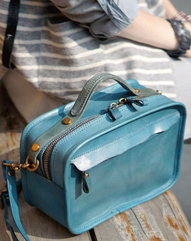 Vintage Womens Blue Leather Square Crossbody Bag Handbag Green Women's Small Shoulder Bag
