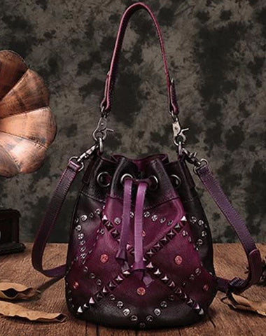 Purple Leather Womens Bucket Handbag Shoulder Bag Studded Western Leather Shoulder Barrel Bag Purse