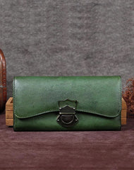 Green Vintage Ladies Leather Buckle Bifold Long Wallet Purple Phone Clutch Purses for Women