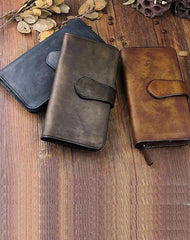 Cool Brown Leather Mens Long Wallet Buckled Long Wallet Trifold Gray Clutch Wallet for Men