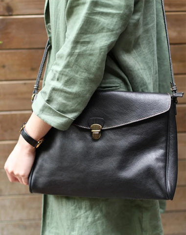 Fashion Women's Leather Black Flap Leather Satchel Shoulder Bag Work Crossbody Purse for Women