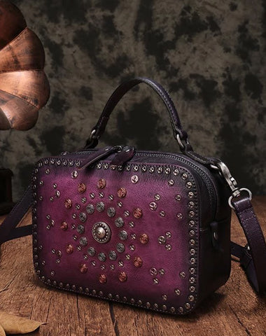 Vintage Womens Purple Leather Handbag Purse Cube Rivet Shoulder Handbag Crossbody Bags