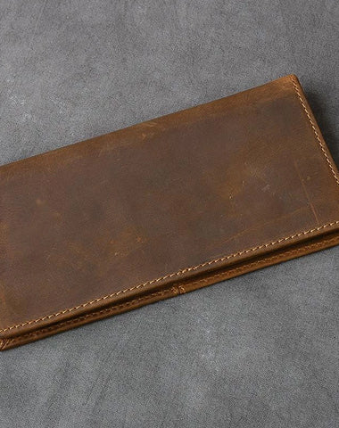 Vintage Brown Leather Mens Bifold Long Wallet Long Bifold Card Wallet For Men