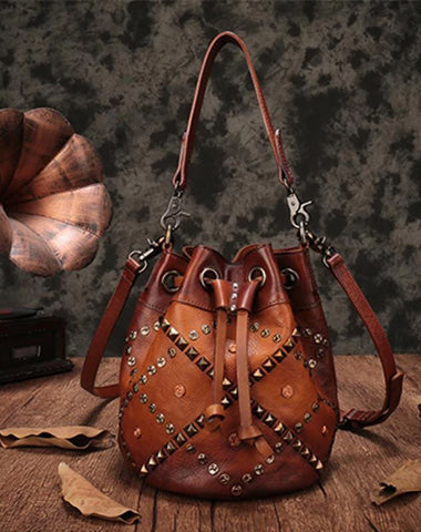 Brown Leather Womens Bucket Handbag Shoulder Bag Studded Western Leather Shoulder Barrel Bag Purse