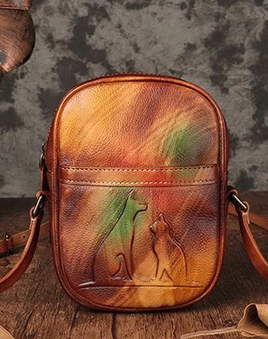 Vintage Womens Small Tan Leather Side Bag Mini Phone Dog Cat Shoulder Bag Square Crossbody Bag