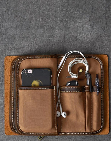 Brown Leather Mens Bifold Canvas Travel Clutch Bag Long Wallet For Men