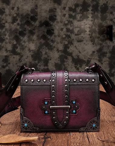 Vintage Womens Rivet Purple Leather Small Side Bags Purse Shoulder Crossbody Bags for Ladies