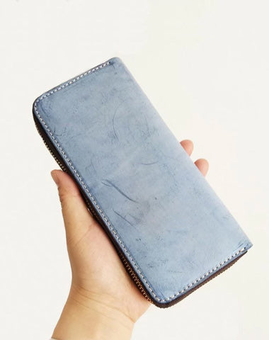 Cool Handmade Mens Blue Long Wallet Red Bifold Card Wallet Zipper Clutch Wallet For Men