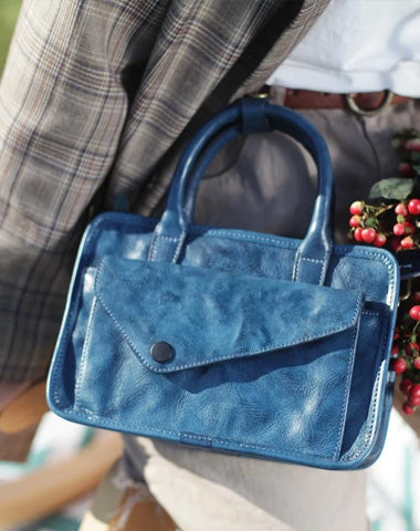 Vintage Women's Leather Blue Satchel Handbags Shoulder Bag Black Square Crossbody Bag Purse