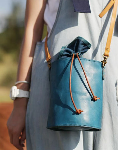 Cute Mini Womens Leather Blue Bucket Shoulder Bag Brown Drawstring Bucket Side Bag for Ladies