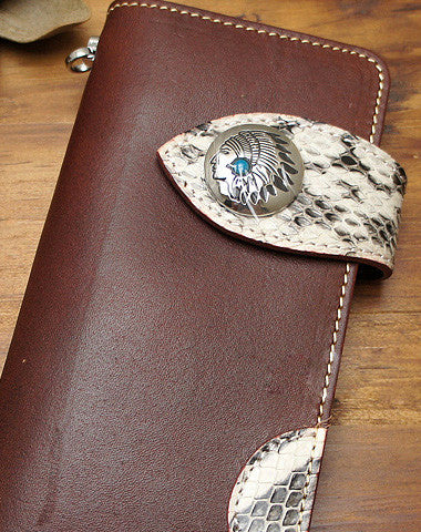 Handmade coffee brown biker wallet snake skin leather with chain Long wallet purse for men