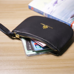 Slim Women Black Leather Zip Card Wallet Saddle Minimalist Coin Wallet Small Zip Change Wallet For Women