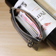 Slim Womens Wine Leather Zip Wallet With Keychain Card Wallet Zip Coin Wallet for Ladies