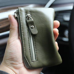 Slim Womens Green Leather Zip Wallet With Keychain Card Wallet Zip Coin Wallet for Ladies