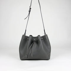 Small Womens Dark Gray Leather Shoulder Bucket Purse Gray Leather Barrel Shoulder Bag Purse for Ladies