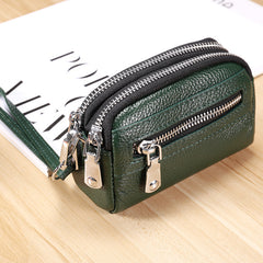 Small Womens Leather Green Double Zip Wallet Mini Wallet with Coin Pocket Zip Wallet for Ladies