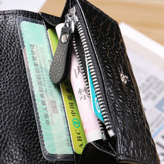 Stylish Womens Black Crocodile Pattern Leather Billfold Wallet Small Wallet with Coin Pocket Slim Wallet for Ladies