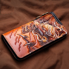 Handmade Leather Tooled Chinese Dragon Tiger Mens Chain Biker Wallet Cool Leather Wallet Zipper Long Phone Wallets for Men