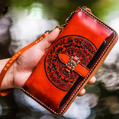 Handmade Leather Mens Tibetan Chain Biker Wallets Cool Leather Clutch Wallet Long Wallets for Men