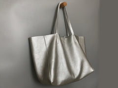 Fashion Womens Silver Leather Oversize Tote Bag Black Shoulder Tote Bag Handbag Tote For Women