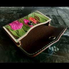 Handmade Green Womens tooled Leather Iris Flower Change Wallet Card Wallet Coin Holder for Women