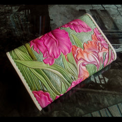 Handmade Green Womens tooled Leather Iris Flower Change Wallet Card Wallet Coin Holder for Women