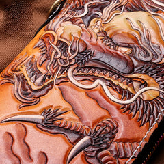 Handmade Leather Tooled Chinese Dragon Tiger Mens Chain Biker Wallet Cool Leather Wallet Zipper Long Phone Wallets for Men