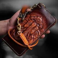 Handmade Leather Tooled Ganesh Mens Chain Biker Wallets Cool Leather Wallet Zipper Long Wallets for Men