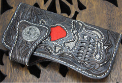 Handmade black coffee leather punk skull carved biker wallet Long wallet clutch for men