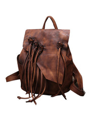Vintage Brown Leather Rucksack WIth Tassels Womens Western Leather Backpack Ladies Backpack Purses