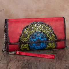Vintage Floral Red Leather Wristlet Wallet Womens Floral Shoulder Wallet Purse Zip Purse Chain Shoulder Bag for Women