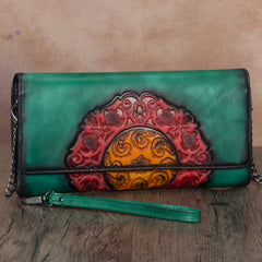 Vintage Floral Red Leather Wristlet Wallet Womens Floral Shoulder Wallet Purse Zip Purse Chain Shoulder Bag for Women