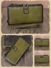 Vintage Coffee Leather Wristlet Wallet Womens Wallet Bifold Long Clutch Wallet for Women