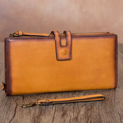 Vintage Tan Leather Wristlet Wallet Womens Wallet Bifold Long Clutch Wallet for Women