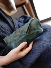 Vintage Green Leather Wristlet Wallet Womens Zip Around Wallets Green Ladies Zipper Clutch Wallet for Women