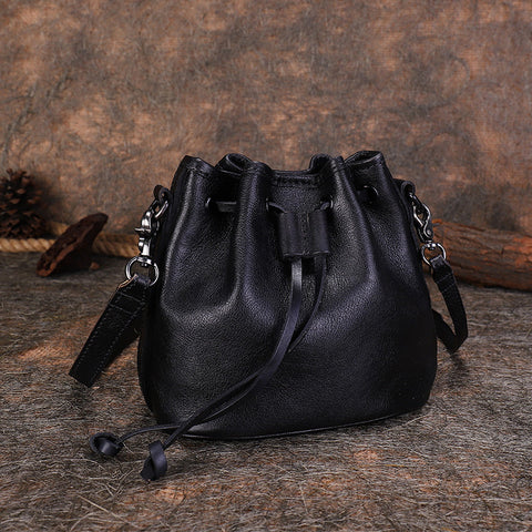 Vintage Black Leather Womens Bucket Shoulder Bags Bucket Crossbody Purse for Women