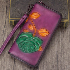 Vintage Rose Flower Gray Leather Wristlet Wallet Womens Rose Zip Around Wallets Flower Ladies Zipper Clutch Wallet for Women