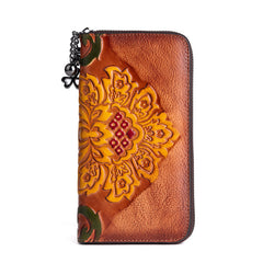 Vintage SunFlower Brown Leather Wristlet Wallet Womens Flower Zip Around Wallets Flowers Ladies Zipper Clutch Wallet for Women