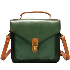 Vintage Green Leather Womens Square Satchel Shoulder Bags School Crossbody Purse for Women