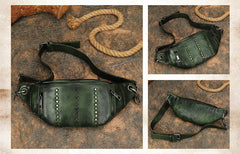 Vintage Women Green Leather Rivet Waist Bag Fanny Pack Handmade Shoulder Rivet Hip Packs for Women
