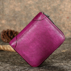 Vintage Women Purple Leather Small Wallet Zip Around Bifold Billfold Wallet with Coin Pocket For Women