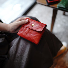 Vintage Womens Red Leather Billfold Wallet Small Wallet with Coin Pocket Mini Envelope Wallet for Ladies