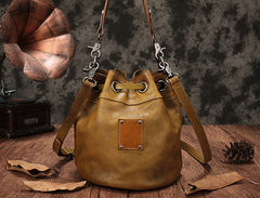 Vintage Leather Brown Bucket Handbag Shoulder Bag Purple Barrel Purse For Women