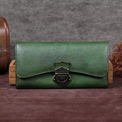 Green Vintage Ladies Leather Buckle Bifold Long Wallet Purple Phone Clutch Purses for Women