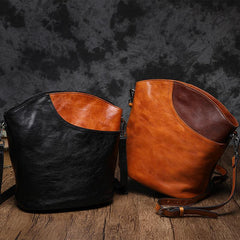 Black Leather Womens Shoulder Bucket Bag Cross Body Bucket Purse Black Barrel Bag