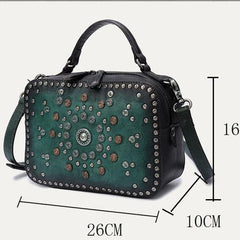 Vintage Womens Brown Leather Handbag Purse Cube Rivet Shoulder Handbag Crossbody Bags
